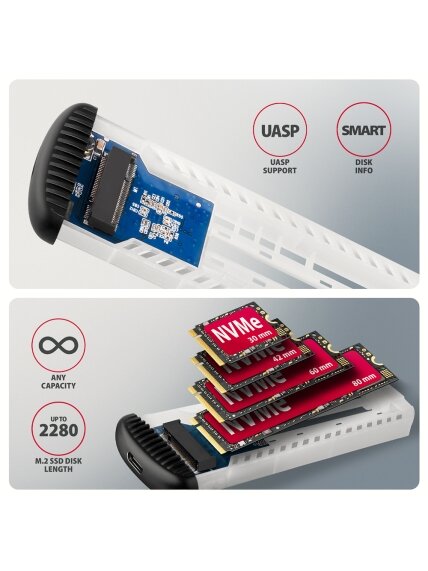 AXAGON USB-C 10Gbps M.2 NVMe SSD Enclosure, Screwless, RIBBED Aluminum | EEM2-SC 7