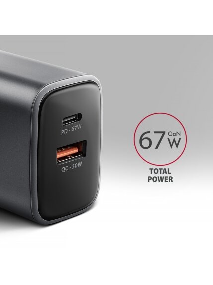 AXAGON Wall charger 67W, 2x port (USB-A + USB-C) PD3.0/PPS/QC4+/SFC 2.0/Apple | ACU-PQ67 3