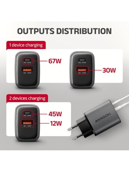 AXAGON Wall charger 67W, 2x port (USB-A + USB-C) PD3.0/PPS/QC4+/SFC 2.0/Apple | ACU-PQ67 7