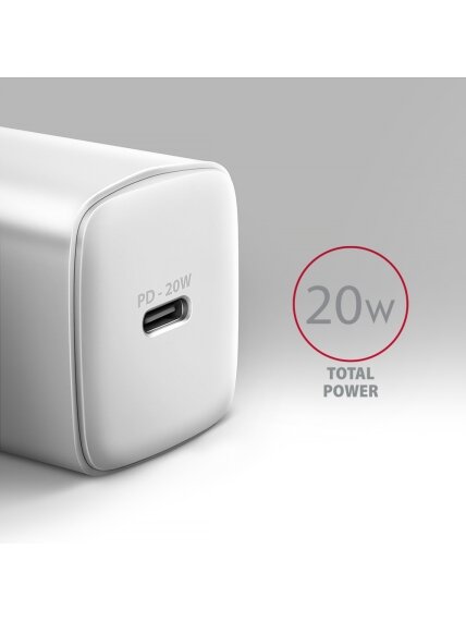 AXAGON Wallcharger 1x port USB-C, PD3.0 / PPS /QC4+/AFC/FCP/Apple, 20W | ACU-PD20W 1