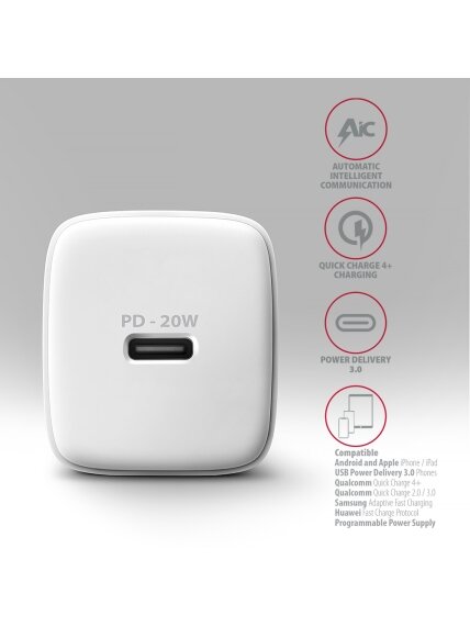AXAGON Wallcharger 1x port USB-C, PD3.0 / PPS /QC4+/AFC/FCP/Apple, 20W | ACU-PD20W 3