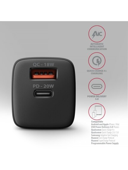 AXAGON Wallcharger 2x port (USB-A + USB-C), 20W | ACU-PQ20 3 AXAGON Wallcharger 2x port (USB-A + USB-C), 20W | ACU-PQ20 3