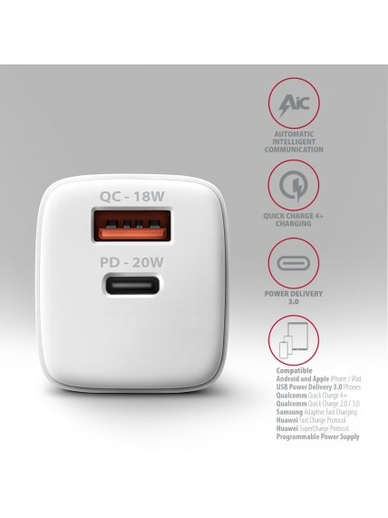 AXAGON Wallcharger 2x port (USB-A + USB-C), 20W | ACU-PQ20W 3 AXAGON Wallcharger 2x port (USB-A + USB-C), 20W | ACU-PQ20W 3