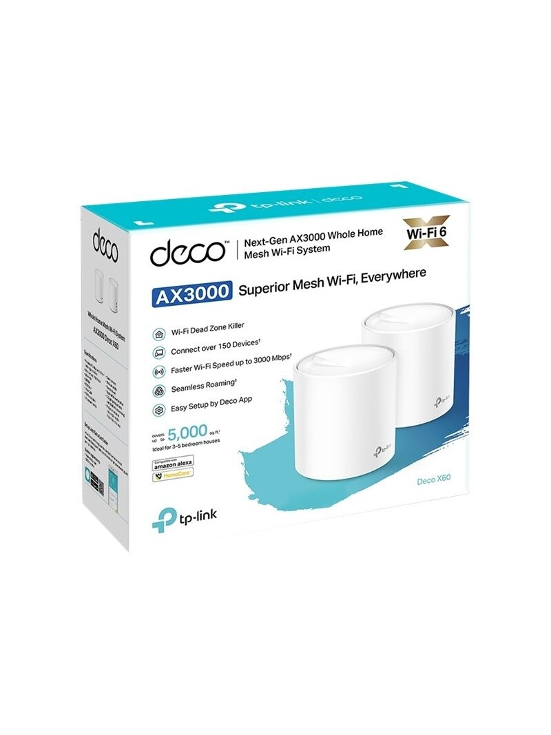 AX3000 Whole Home Mesh Wi-Fi 6 System | Deco X60 (2-pack) | 802.11ax | 2402+574 Mbit/s | 10/100/1000 Mbit/s | Ethernet LAN (RJ-45) ports 2 | Mesh Support Yes | MU-MiMO Yes | Antenna type 4xInternal per Deco uni 2 AX3000 Whole Home Mesh Wi-Fi 6 System | Deco X60 (2-pack) | 802.11ax | 2402+574 Mbit/s | 10/100/1000 Mbit/s | Ethernet LAN (RJ-45) ports 2 | Mesh Support Yes | MU-MiMO Yes | Antenna type 4xInternal per Deco uni 2