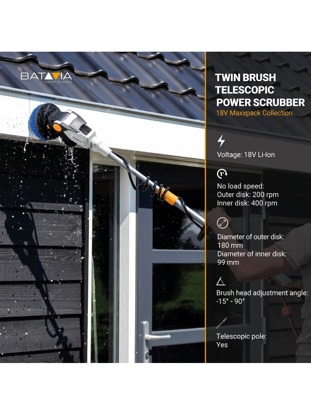 Batavia B.V. | 18V Twin Brush - Cordless Brushless Telescopic Power Scrubber, Without Battery and Charger | IPX7 7