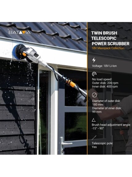 Batavia B.V. | 18V Twin Brush - Cordless Brushless Telescopic Power Scrubber, Without Battery and Charger | IPX7 7