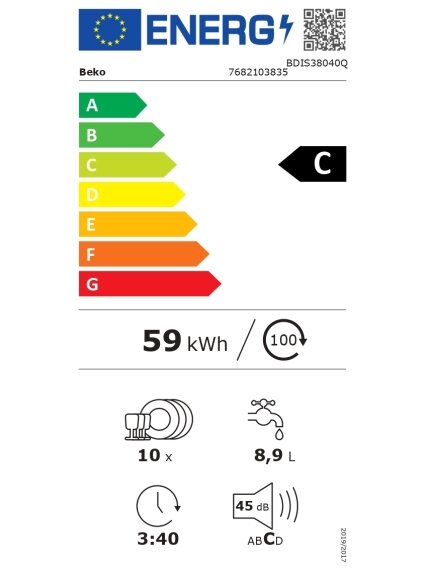 BEKO Dishwasher | BDIS38040Q | Built-in | Width 45 cm | Number of place settings 10 | Number of programs 8 | Energy efficiency class C | Display | White 6