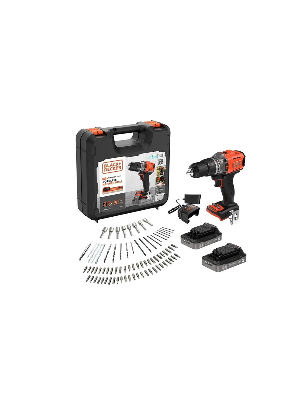 BLACK & DECKER 18V Impact Drill (with 2 x 18V 2.0Ah batteries with charge status indicator, 1A charger and 80 accessories) | BCD383D2XKA-QW | 2.0 Ah BLACK & DECKER 18V Impact Drill (with 2 x 18V 2.0Ah batteries with charge status indicator, 1A charger and 80 accessories) | BCD383D2XKA-QW | 2.0 Ah