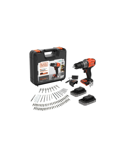BLACK & DECKER 18V Impact Drill (with 2 x 18V 2.0Ah batteries with charge status indicator, 1A charger and 80 accessories) | BCD383D2XKA-QW | 2.0 Ah