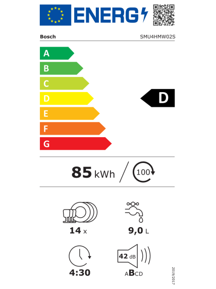 Bosch Dishwasher | SMU4HMW02S | Built-in | Width 60 cm | Number of place settings 14 | Number of programs 6 | Energy efficiency class D | Display | AquaStop function | White Bosch Dishwasher | SMU4HMW02S | Built-in | Width 60 cm | Number of place settings 14 | Number of programs 6 | Energy efficiency class D | Display | AquaStop function | White