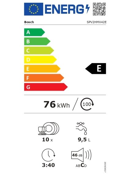 Bosch Dishwasher | SPV2HMX42E | Built-in | Width 45 cm | Number of place settings 10 | Number of programs 5 | Energy efficiency class E | Display | White 7 Bosch Dishwasher | SPV2HMX42E | Built-in | Width 45 cm | Number of place settings 10 | Number of programs 5 | Energy efficiency class E | Display | White 7
