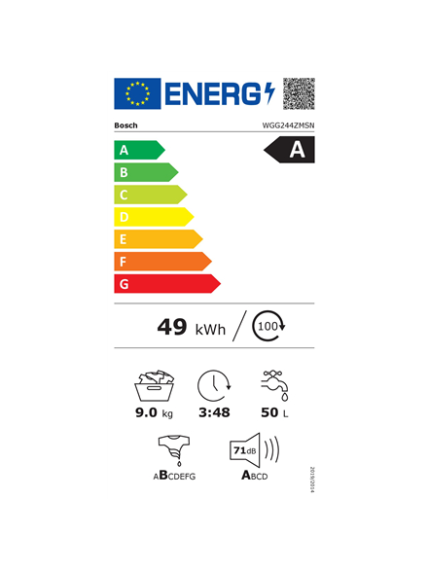 Bosch | Washing Machine | WGG244ZMSN | Energy efficiency class A | Front loading | Washing capacity 9 kg | 1400 RPM | Depth 59 cm | Width 60 cm | LED | Steam function | Direct drive | White 7 Bosch | Washing Machine | WGG244ZMSN | Energy efficiency class A | Front loading | Washing capacity 9 kg | 1400 RPM | Depth 59 cm | Width 60 cm | LED | Steam function | Direct drive | White 7