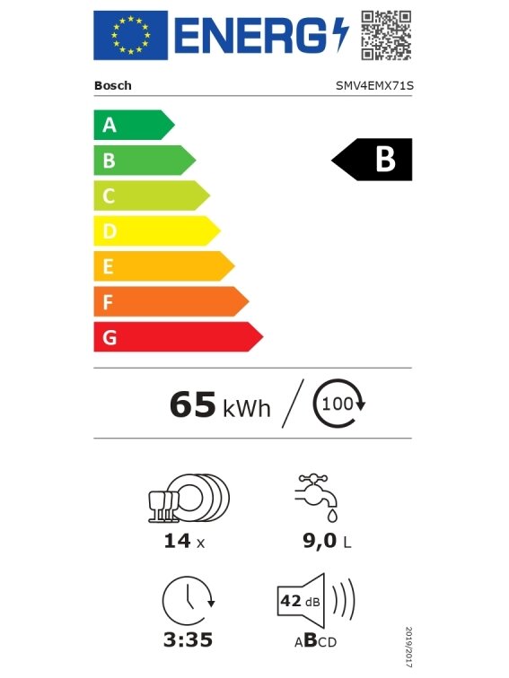 Bosch Dishwasher | SMV4EMX71S | Built-in | Width 60 cm | Number of place settings 14 | Number of programs 6 | Energy efficiency class B | Display | AquaStop function | White 6