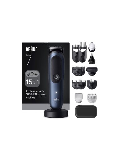 Braun Hair Trimmer | All-in-One Series 7 AIO7580 | Cordless | Wet & Dry | Number of length steps 14 | Blue/Black Braun Hair Trimmer | All-in-One Series 7 AIO7580 | Cordless | Wet & Dry | Number of length steps 14 | Blue/Black
