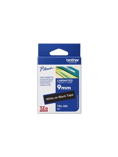 Brother | TZe-325 Laminated Tape | White on Black | TZe | 8 m | 9 cm