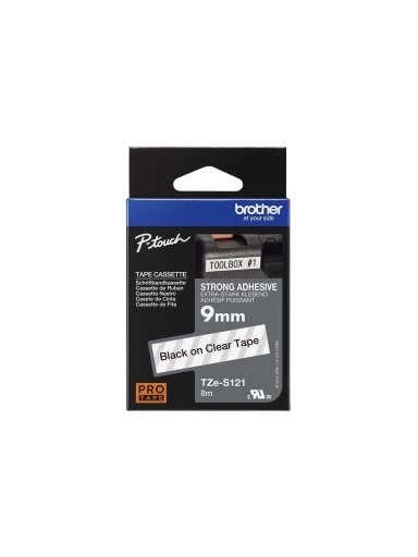 Brother | TZe-S121 Strong Adhesive Laminated Tape | Black on Clear | TZe | 8 m | 9 cm Brother | TZe-S121 Strong Adhesive Laminated Tape | Black on Clear | TZe | 8 m | 9 cm