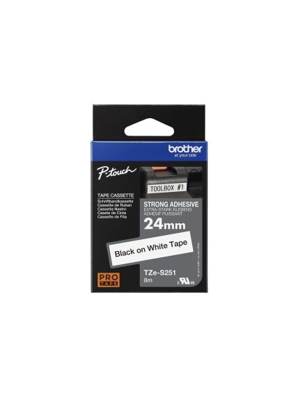 Brother | TZe-S251 Strong Adhesive Laminated Tape | Black on White | TZe | 8 m | 2.4 cm 1