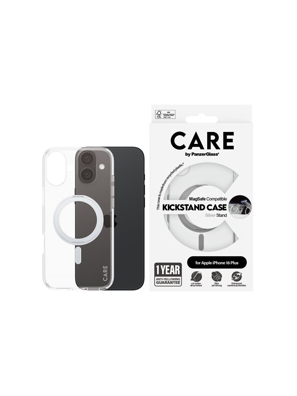 CARE by PanzerGlass Case Feature | Back protection | Apple | iPhone 16 Plus | Recycled plastic | Silver | Kickstand & MagSafe 2