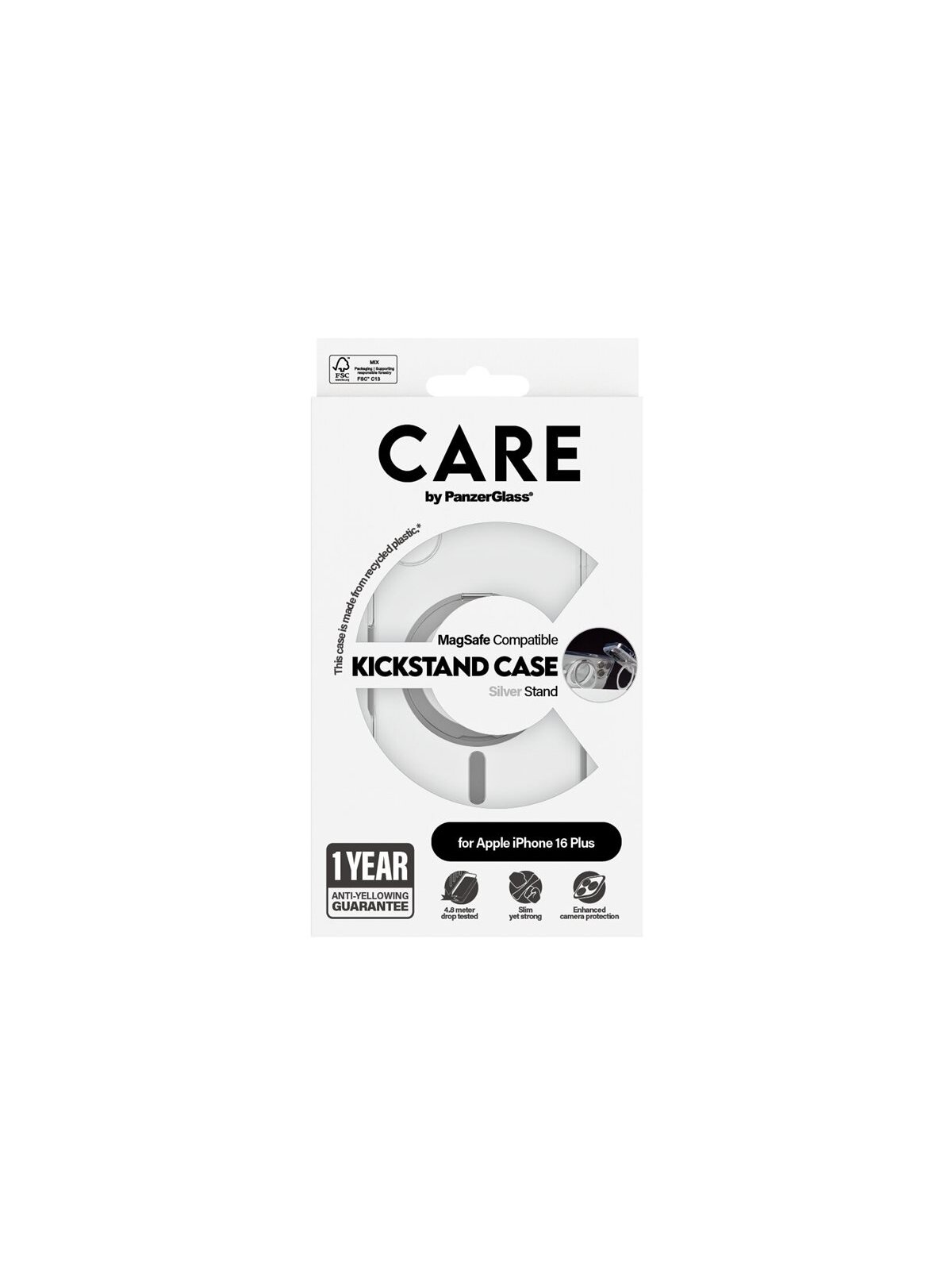 CARE by PanzerGlass Case Feature | Back protection | Apple | iPhone 16 Plus | Recycled plastic | Silver | Kickstand & MagSafe 3 CARE by PanzerGlass Case Feature | Back protection | Apple | iPhone 16 Plus | Recycled plastic | Silver | Kickstand & MagSafe 3