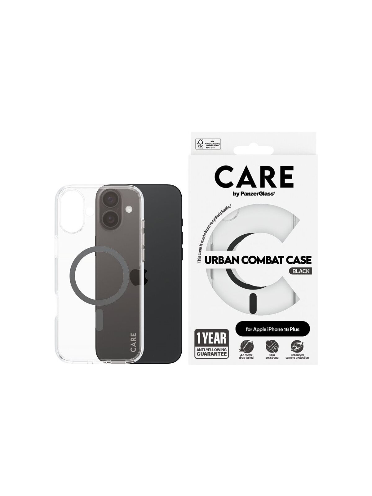 CARE by PanzerGlass Case Flagship | Back protection | Apple | iPhone 16 Plus | Recycled plastic | Transparent/Black | MagSafe 1