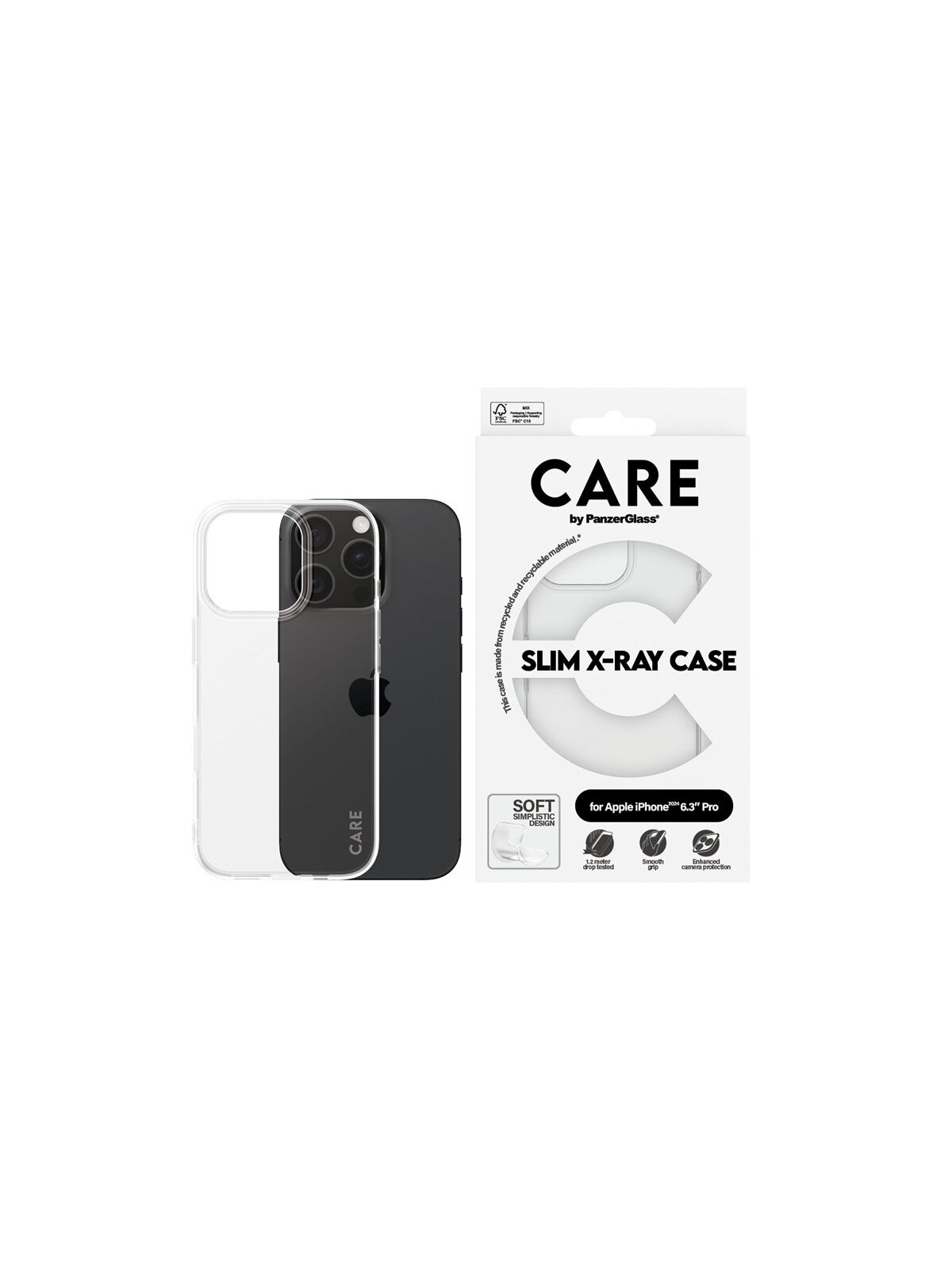 CARE Fashionable Case | Back cover | Apple | iPhone 16 PRO | Recycled plastic | Transparent | X-Ray Soft Basic 3 CARE Fashionable Case | Back cover | Apple | iPhone 16 PRO | Recycled plastic | Transparent | X-Ray Soft Basic 3