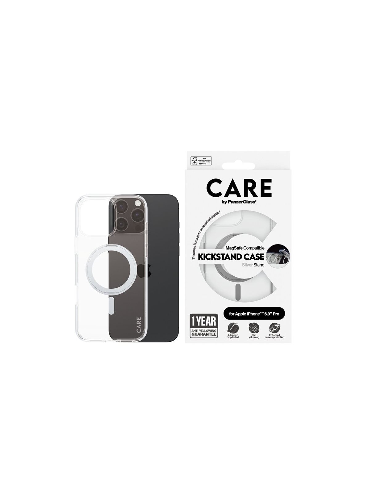 CARE Feature Case | Back cover | Apple | iPhone 16 Pro Max | Recycled plastic | Silver | Kickstand & MagSafe 3 CARE Feature Case | Back cover | Apple | iPhone 16 Pro Max | Recycled plastic | Silver | Kickstand & MagSafe 3