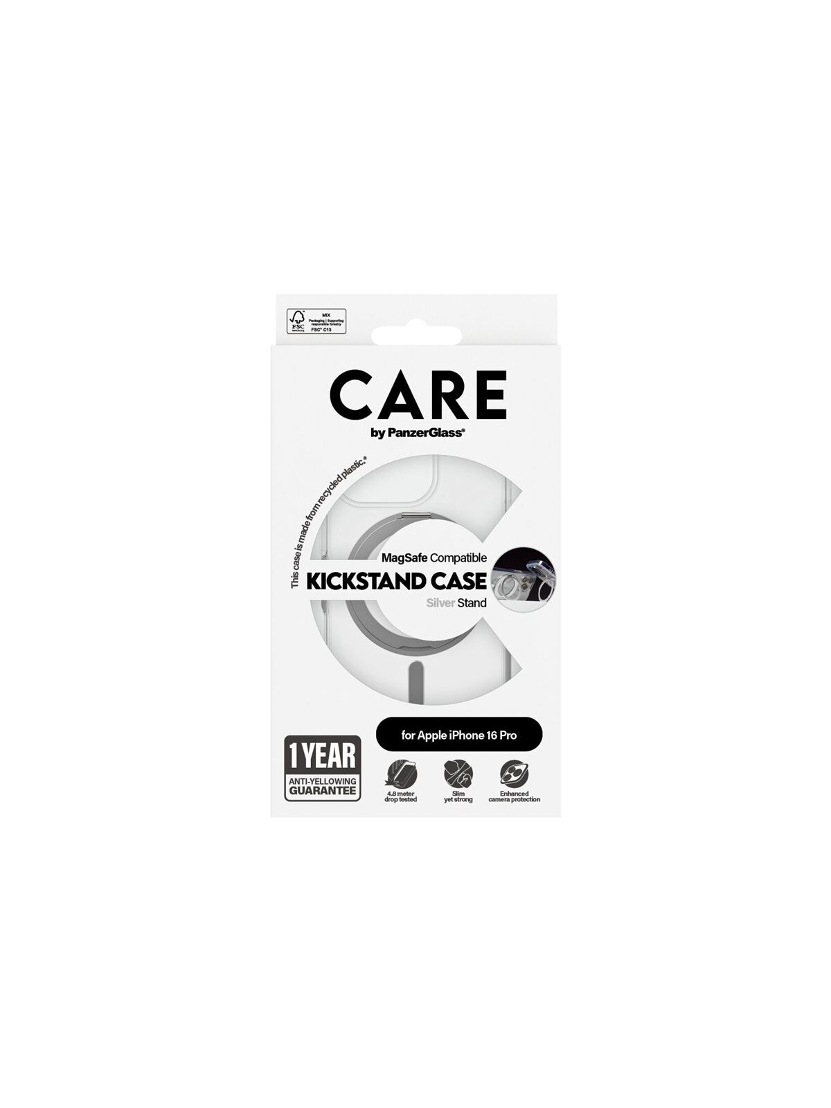CARE Feature Case | Back cover | Apple | iPhone 16 PRO | Recycled plastic | Silver | Kickstand & MagSafe 2