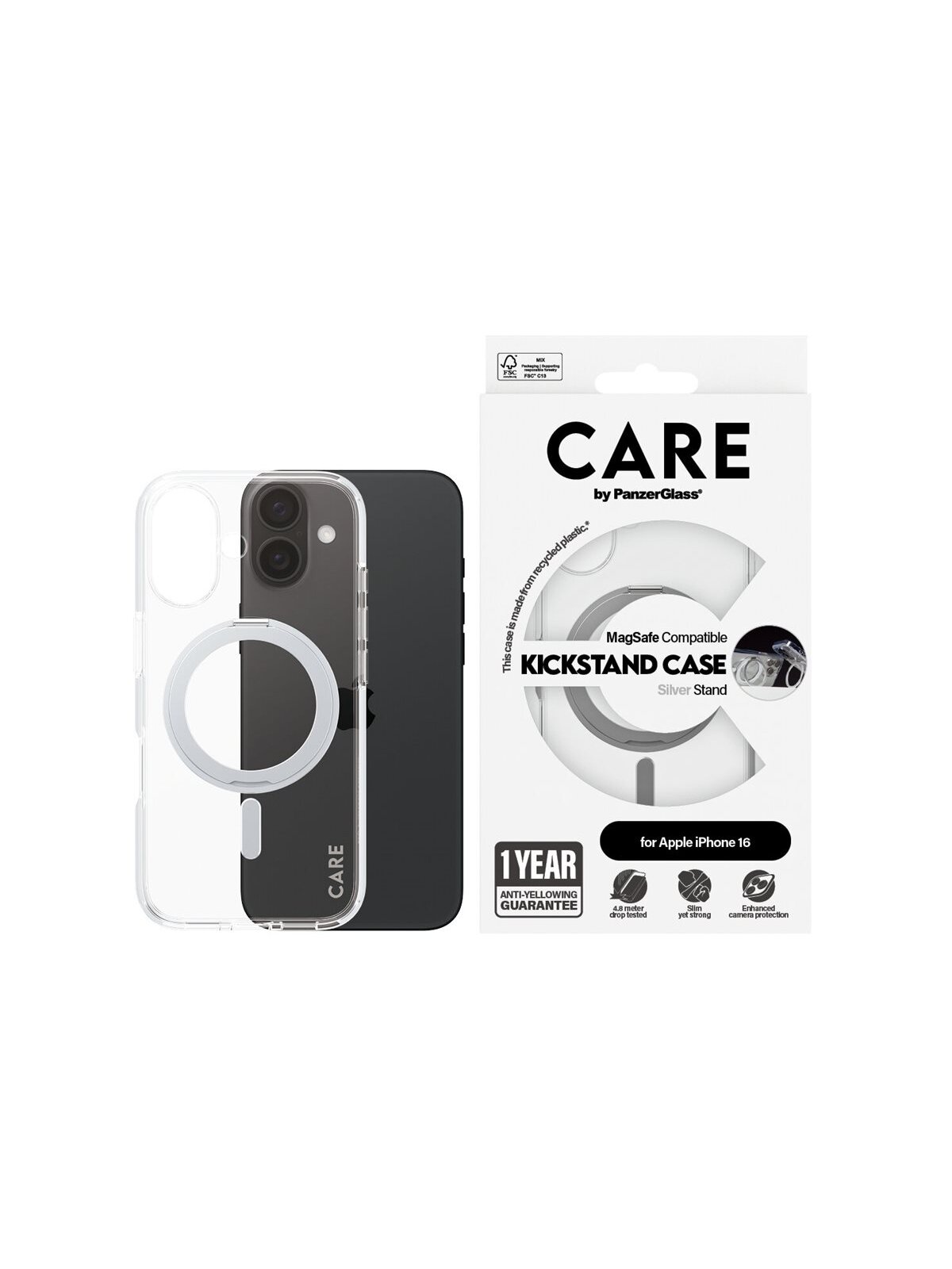 CARE Feature Case | Back cover | Apple | iPhone 16 | Recycled plastic | Silver | Kickstand & MagSafe 2
