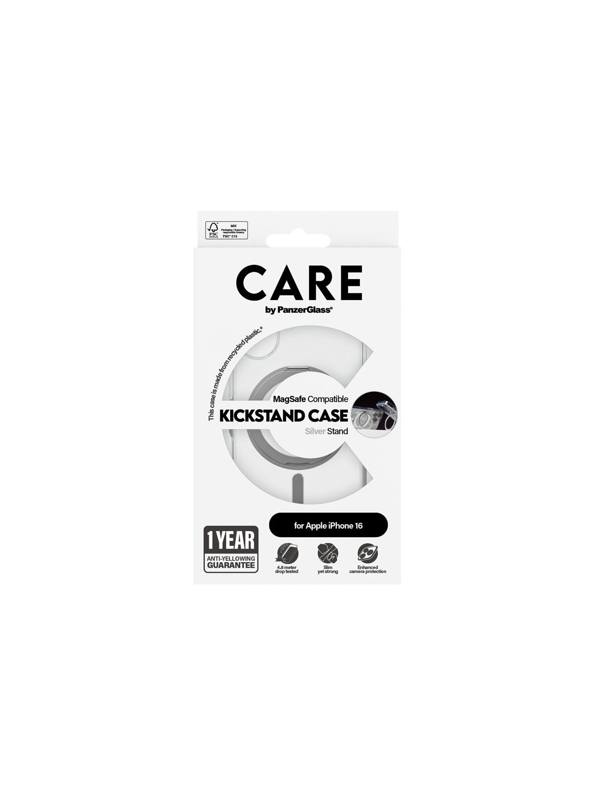 CARE Feature Case | Back cover | Apple | iPhone 16 | Recycled plastic | Silver | Kickstand & MagSafe 3