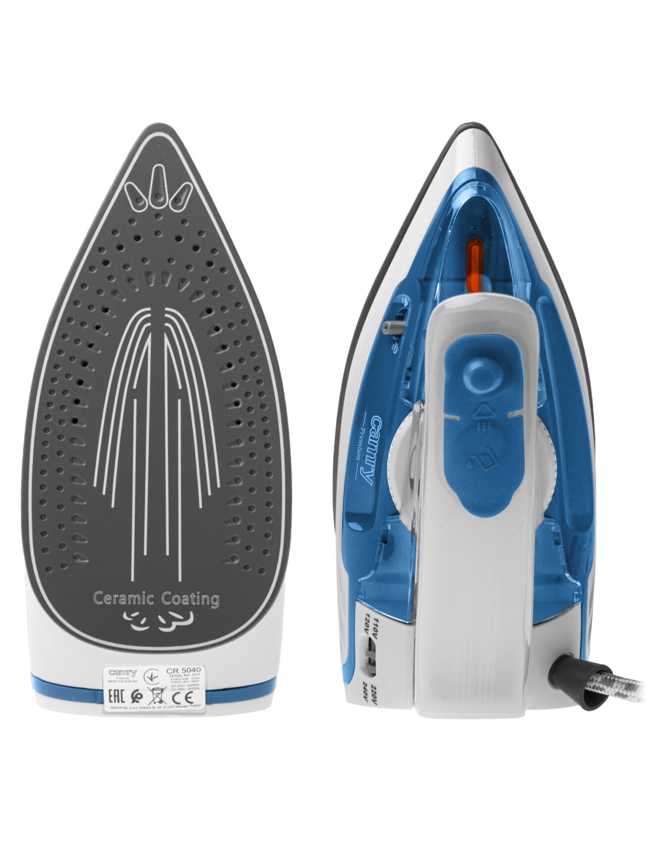 Camry CR 5040 | Steam travel iron | 1600 W | Water tank capacity 80 ml | Continuous steam 10 g/min | Steam boost performance 50 g/min | Blue/White 5 Camry CR 5040 | Steam travel iron | 1600 W | Water tank capacity 80 ml | Continuous steam 10 g/min | Steam boost performance 50 g/min | Blue/White 5