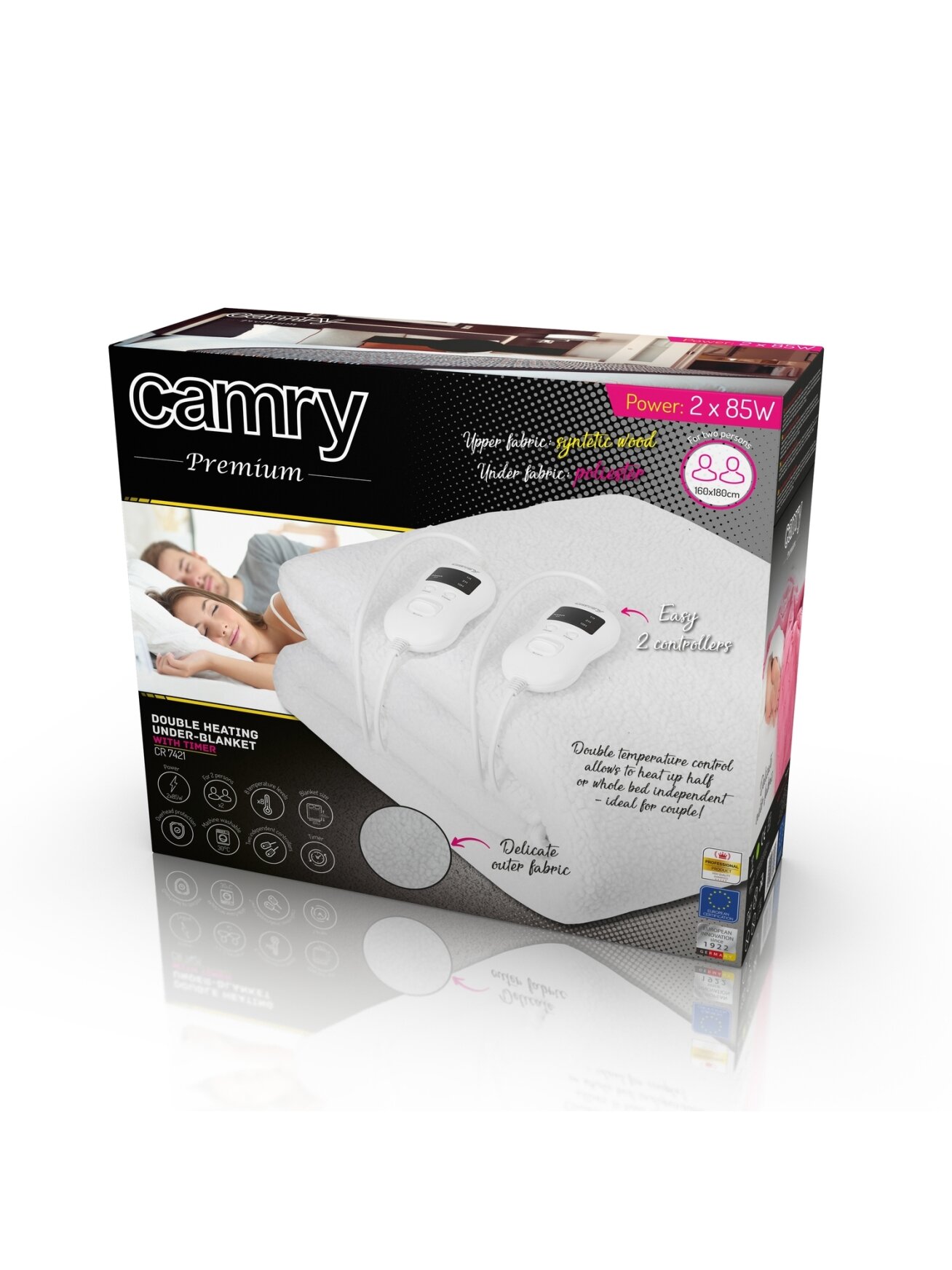 Camry | Electirc heating under-blanket with timer | CR 7421 | Number of heating levels 5 | Number of persons 2 | Washable | Remote control | Syntetic wood | 2 x 60 W | White 4 Camry | Electirc heating under-blanket with timer | CR 7421 | Number of heating levels 5 | Number of persons 2 | Washable | Remote control | Syntetic wood | 2 x 60 W | White 4
