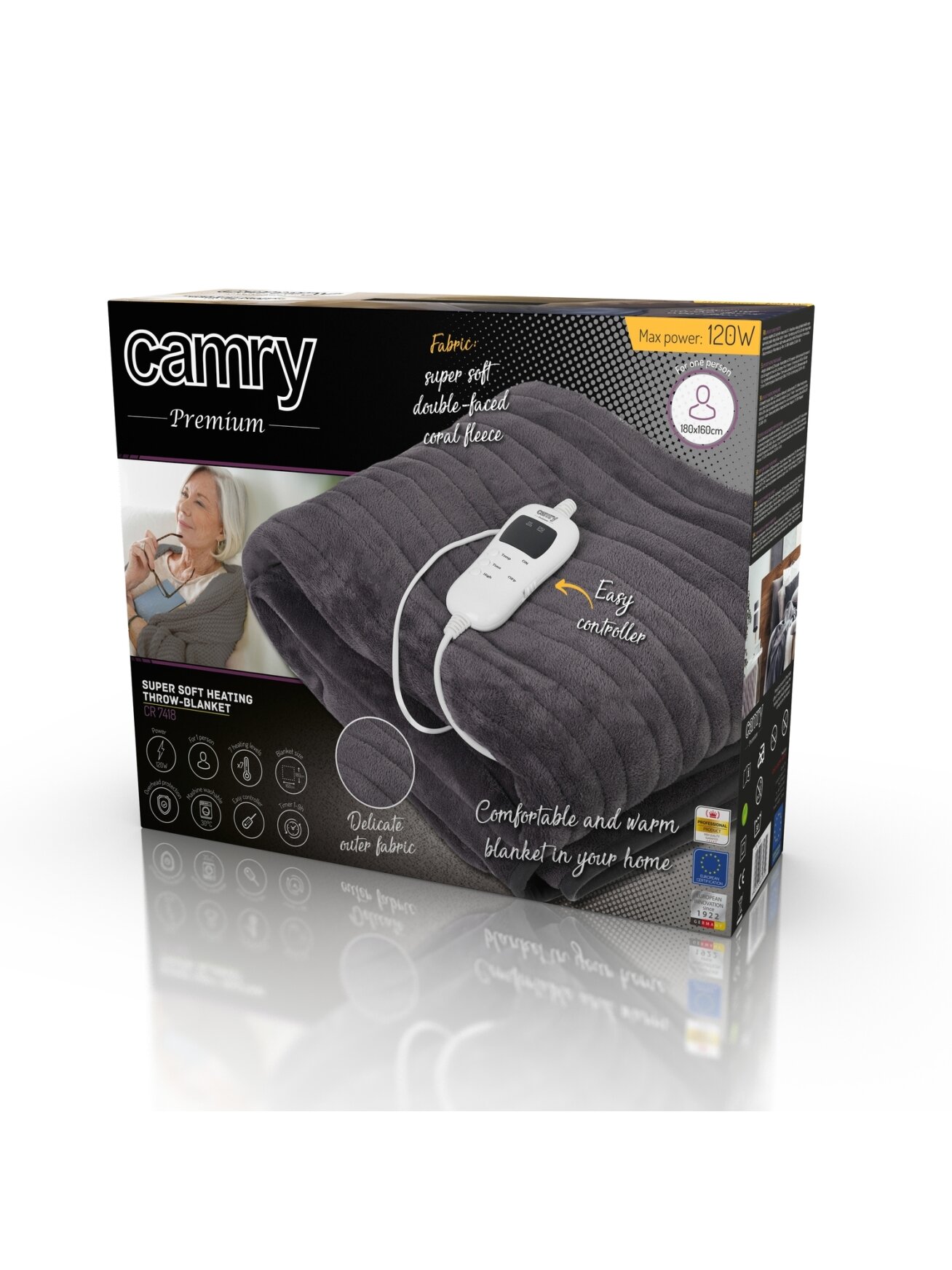Camry | Electric blanket | CR 7418 | Number of heating levels 7 | Number of persons 1 | Washable | Coral fleece | 110-120 W | Brown 5 Camry | Electric blanket | CR 7418 | Number of heating levels 7 | Number of persons 1 | Washable | Coral fleece | 110-120 W | Brown 5