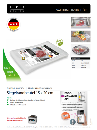 Caso | Sealed edge bags | 01283 | 100 bags | Dimensions (W x L) 15 x 20 cm Caso | Sealed edge bags | 01283 | 100 bags | Dimensions (W x L) 15 x 20 cm