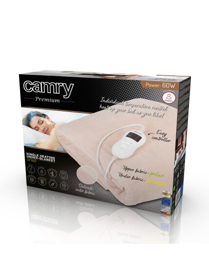 Camry | Electric blanket | CR 7423 | Number of heating levels 8 | Number of persons 1 | Washable | Coral fleece | 60 W | Beige 5 Camry | Electric blanket | CR 7423 | Number of heating levels 8 | Number of persons 1 | Washable | Coral fleece | 60 W | Beige 5