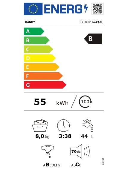 Candy | Washing Machine | CS1482DW4/1-S | Energy efficiency class B | Front loading | Washing capacity 8 kg | 1400 RPM | Depth 53 cm | Width 60 cm | Display | LCD | White 5