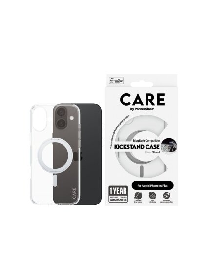 CARE by PanzerGlass Case Feature | Back protection | Apple | iPhone 16 Plus | Recycled plastic | Silver | Kickstand & MagSafe 2 CARE by PanzerGlass Case Feature | Back protection | Apple | iPhone 16 Plus | Recycled plastic | Silver | Kickstand & MagSafe 2