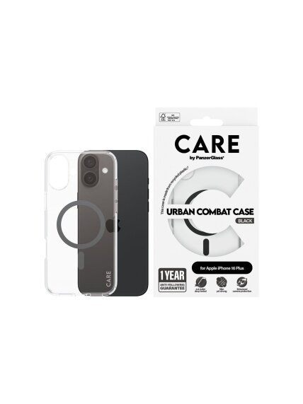 CARE by PanzerGlass Case Flagship | Back protection | Apple | iPhone 16 Plus | Recycled plastic | Transparent/Black | MagSafe 1 CARE by PanzerGlass Case Flagship | Back protection | Apple | iPhone 16 Plus | Recycled plastic | Transparent/Black | MagSafe 1