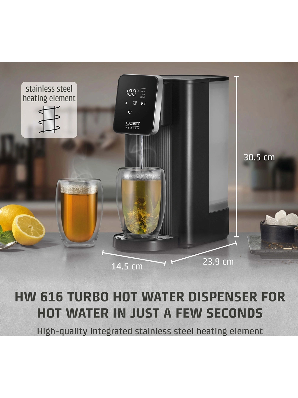 Caso Turbo Hot Water Dispenser | HW 616 | Water Dispenser | 2600 W | 2.5 L | Plastic/Stainless Steel | Black/Stainless Steel 1 Caso Turbo Hot Water Dispenser | HW 616 | Water Dispenser | 2600 W | 2.5 L | Plastic/Stainless Steel | Black/Stainless Steel 1
