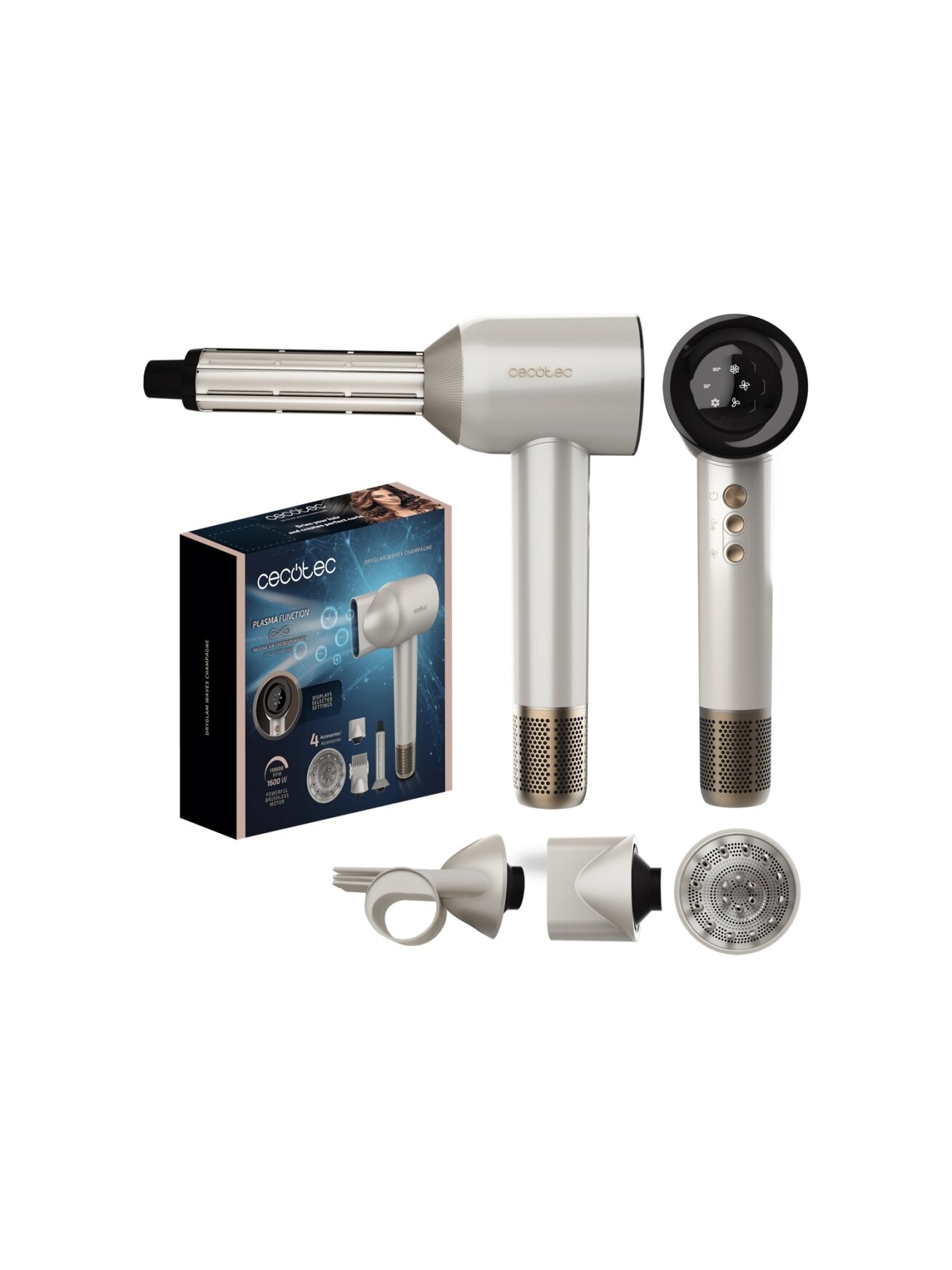 Cecotec Hair dryer | DryGlam Waves Champagne | 1600 W | Number of temperature settings 3 | Ionic function | Champagne | Diffuser nozzle Cecotec Hair dryer | DryGlam Waves Champagne | 1600 W | Number of temperature settings 3 | Ionic function | Champagne | Diffuser nozzle