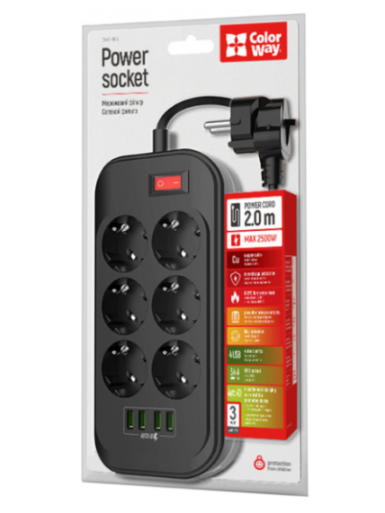 ColorWay | 10 A | Power Socket | CW-CHE64B | 17 W 3 ColorWay | 10 A | Power Socket | CW-CHE64B | 17 W 3