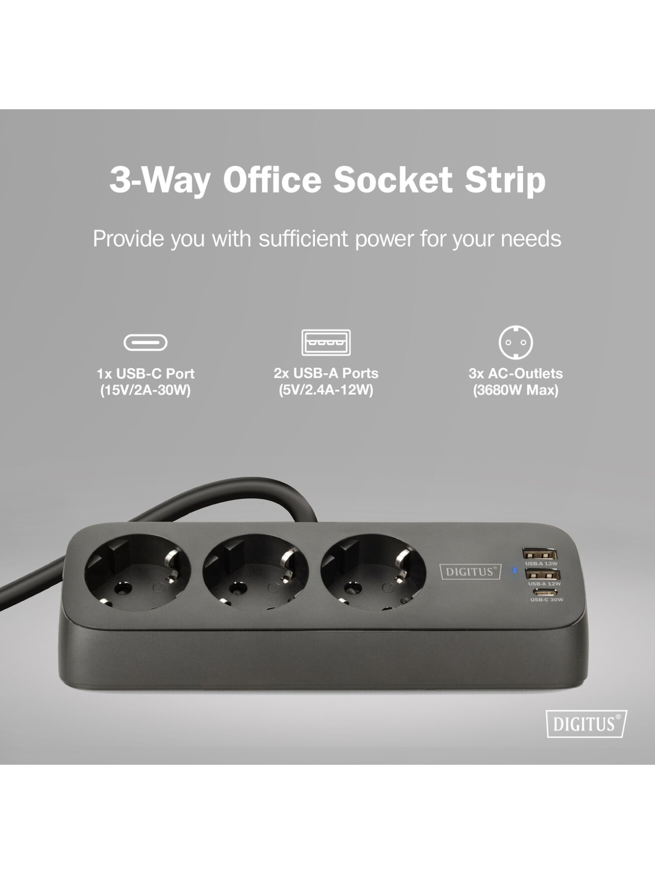 Digitus 3-way office socket strip with 2x USB-A and 1x USB-C connections | DA-70625 8 Digitus 3-way office socket strip with 2x USB-A and 1x USB-C connections | DA-70625 8