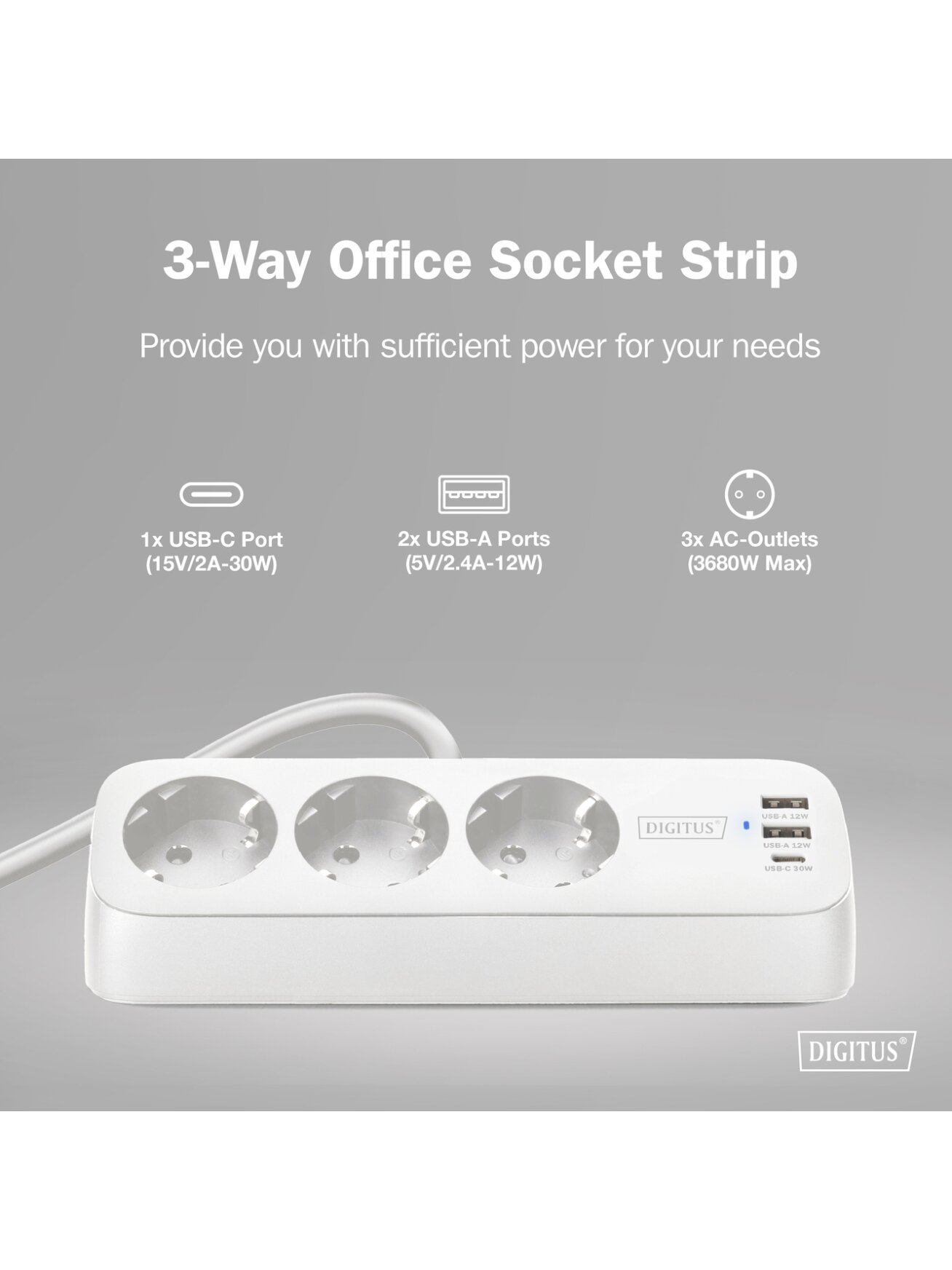 Digitus 3-way office socket strip with 2x USB-A and 1x USB-C connections | DA-70626 6 Digitus 3-way office socket strip with 2x USB-A and 1x USB-C connections | DA-70626 6