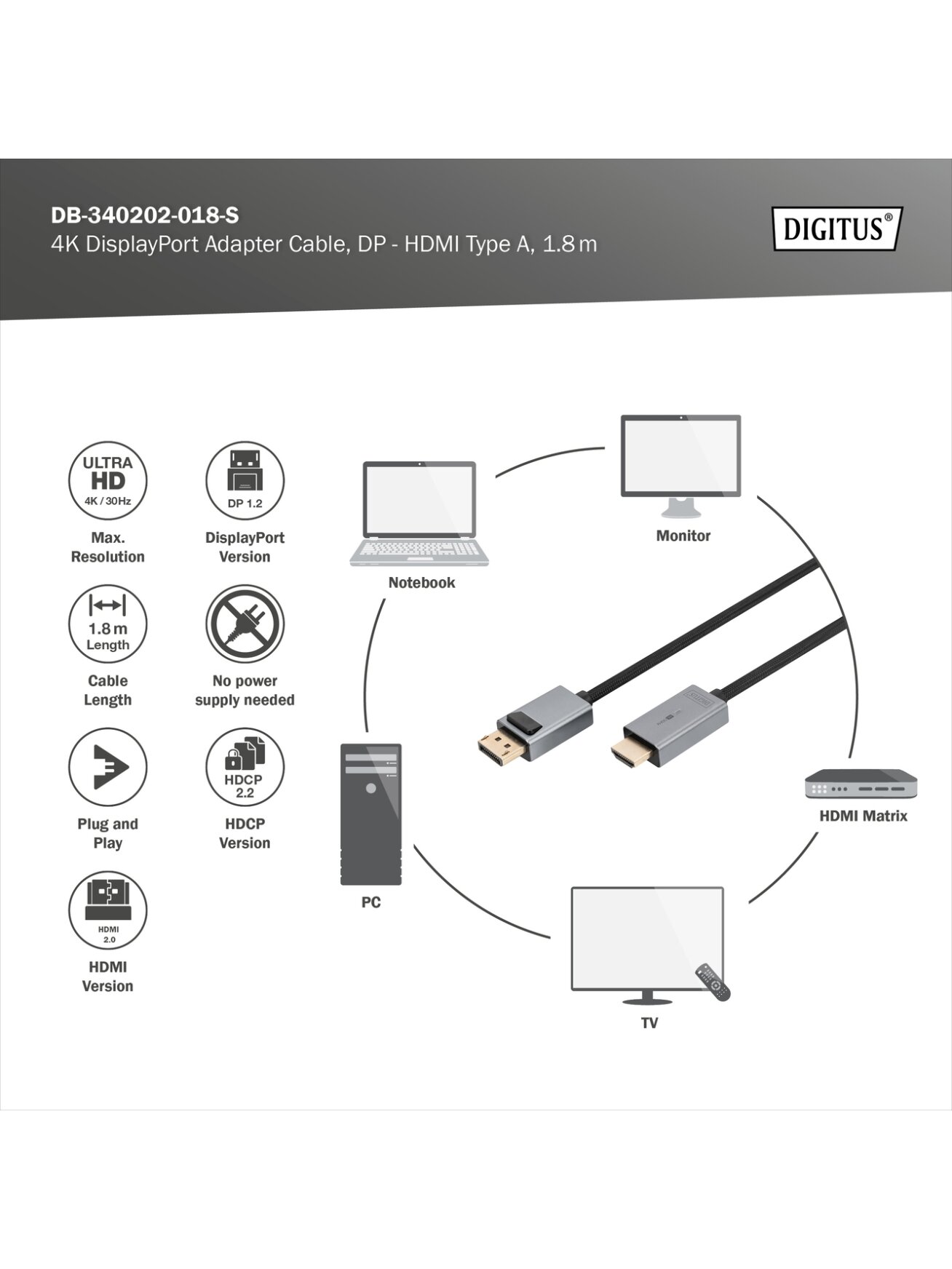 Digitus 4K DisplayPort Adapter Cable, DP - HDMI Type A | DB-340202-018-S | 1.8 m 3 Digitus 4K DisplayPort Adapter Cable, DP - HDMI Type A | DB-340202-018-S | 1.8 m 3