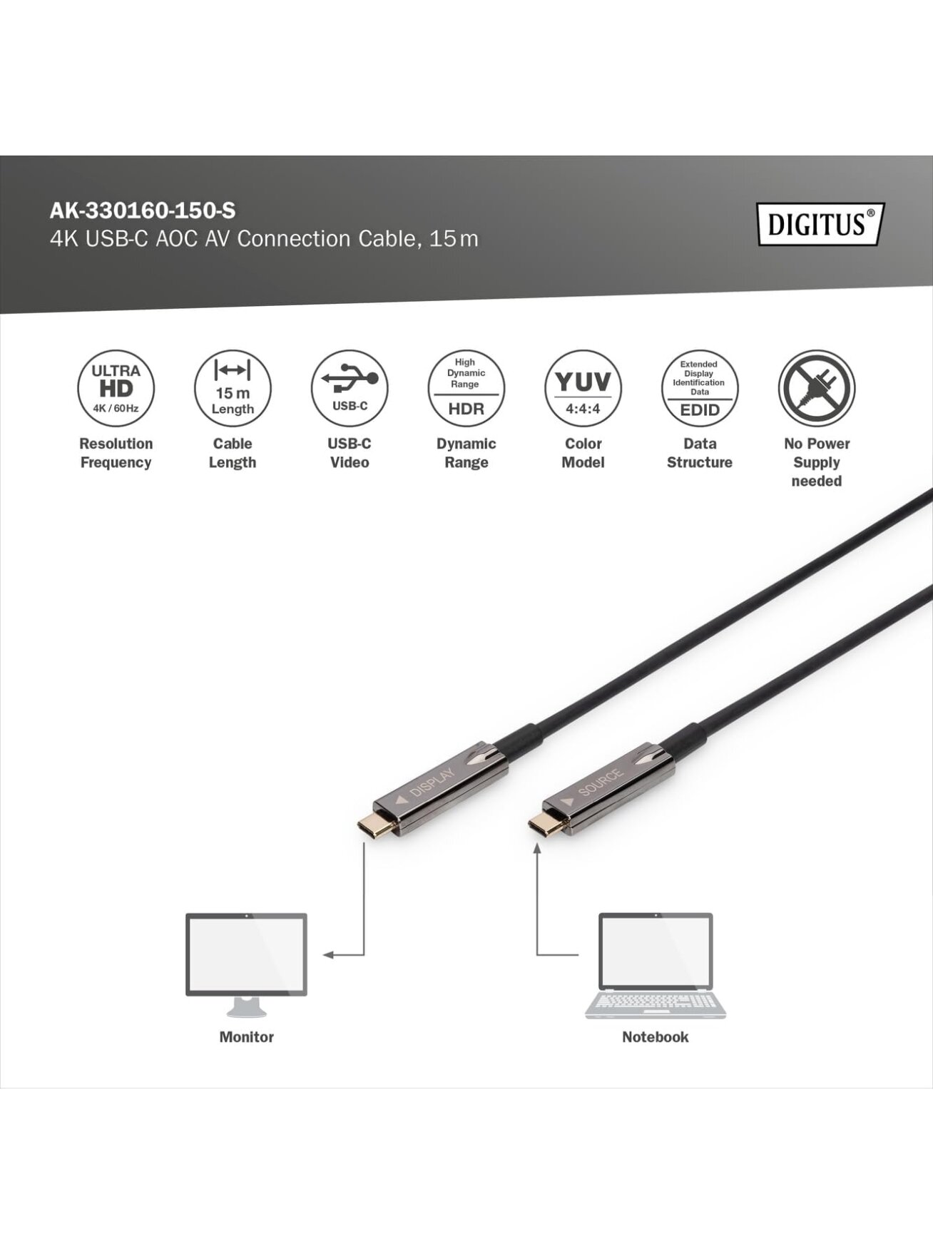 Digitus 4K USB Type-C AOC AV Connection Cable | AK-330160-150-S 2 Digitus 4K USB Type-C AOC AV Connection Cable | AK-330160-150-S 2
