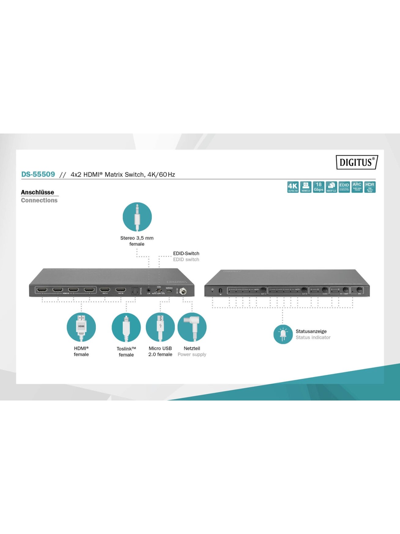 Digitus | 4x2 HDMI Matrix Switch, 4K/60Hz | DS-55509 3 Digitus | 4x2 HDMI Matrix Switch, 4K/60Hz | DS-55509 3
