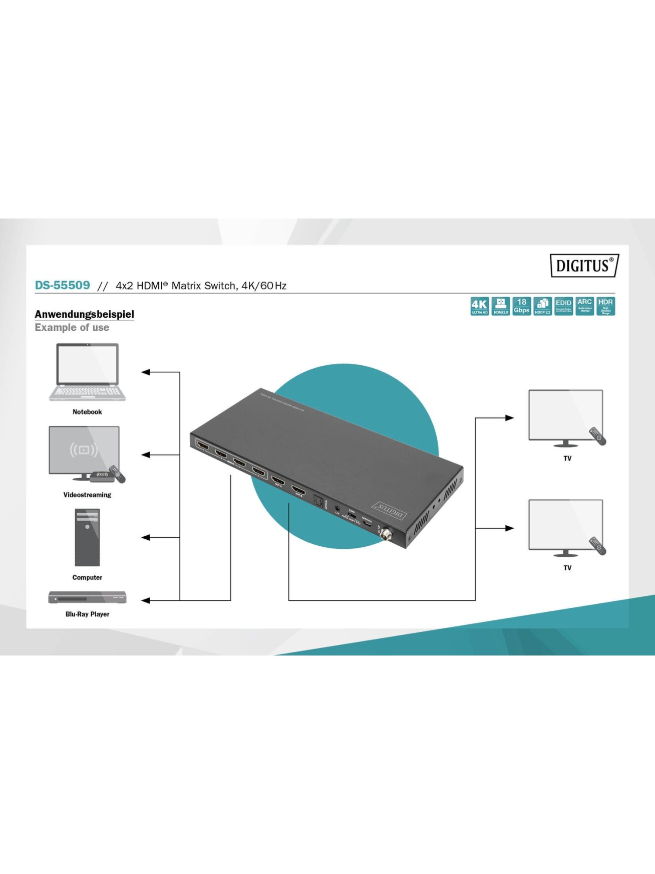 Digitus | 4x2 HDMI Matrix Switch, 4K/60Hz | DS-55509 4