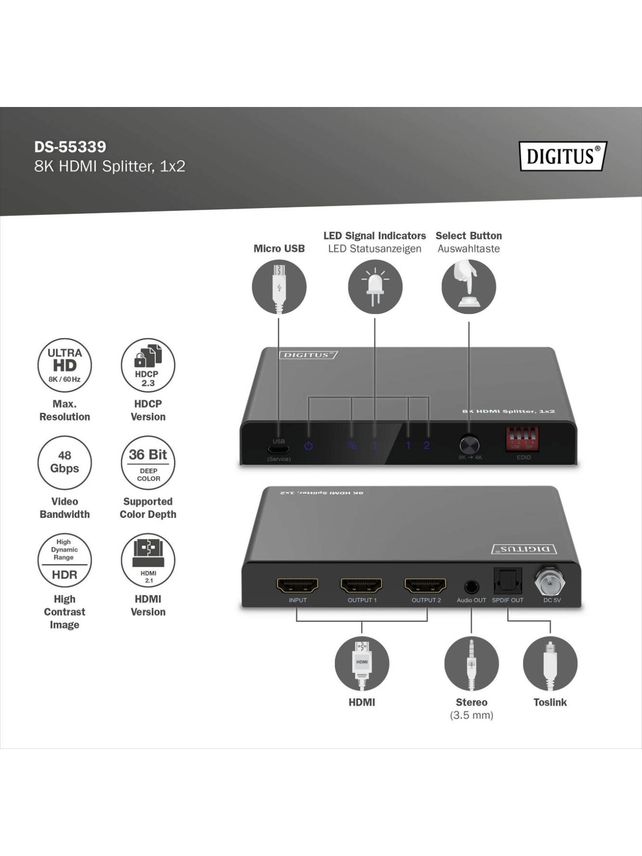 Digitus 8K HDMI Splitter, 1x2 | DS-55339 | Black 5