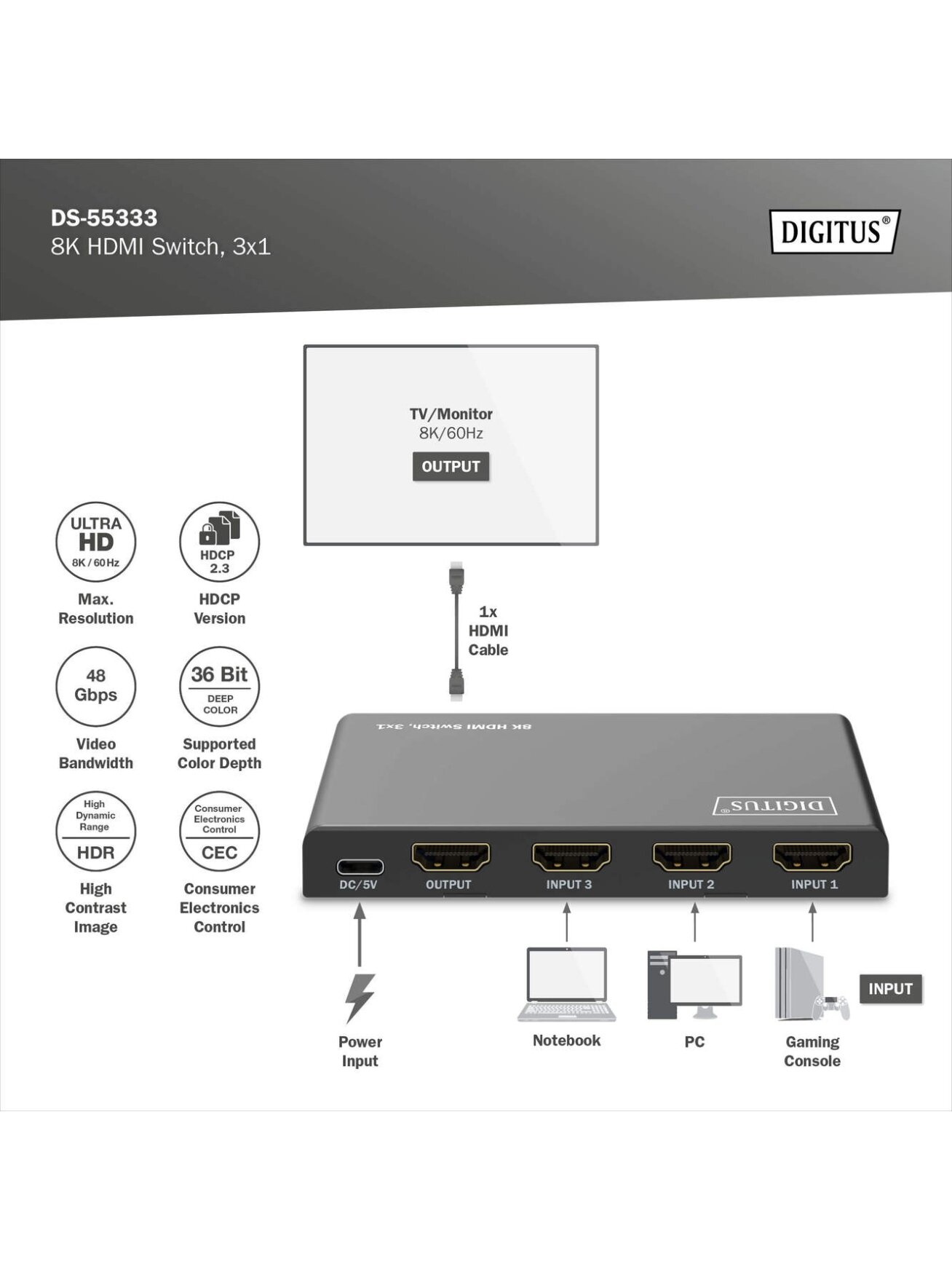 Digitus 8K HDMI Switch, 3x1 | DS-55333 | Black 4