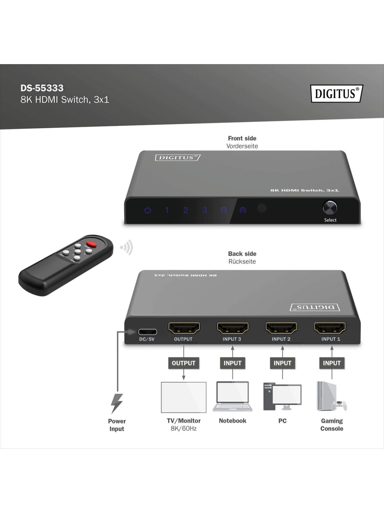 Digitus 8K HDMI Switch, 3x1 | DS-55333 | Black 5