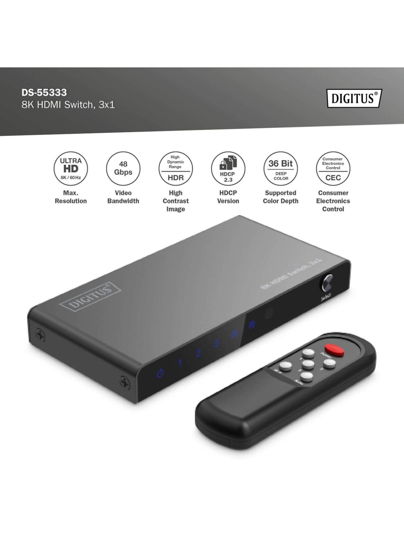 Digitus 8K HDMI Switch, 3x1 | DS-55333 | Black 6